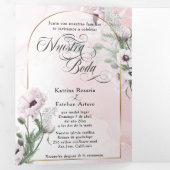 Español English Flores Rosas Pink Flowers Drieluik Uitnodiging (Binnenzijde eerst)