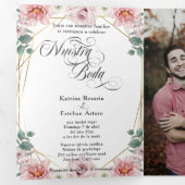 Español English Peonias Rosas Pink Peonies Drieluik Uitnodiging (Binnenzijde eerst)