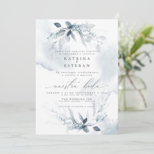 Español Huwelijk Rustiek Stoffig Blauw Blauw Blad Kaart (Staand voorkant)