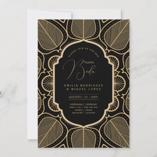 Espanol Invitación Boda Elegant Black Gold Wedding Kaart (Voorkant)