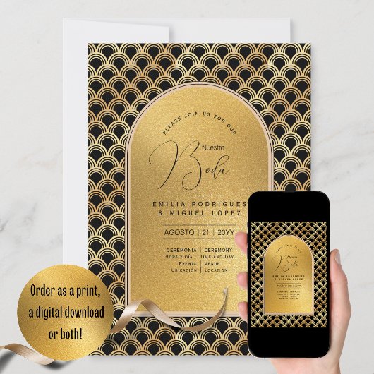 Espanol Invitación Boda Elegant Black Gold Wedding Kaart