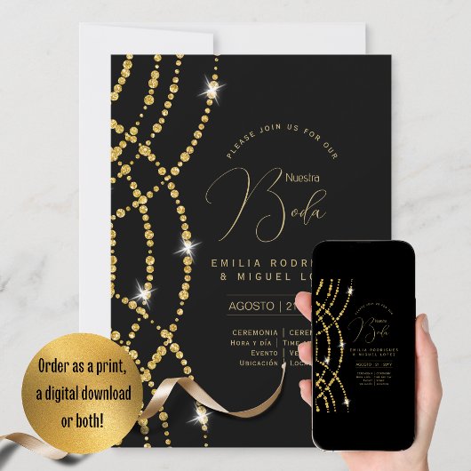Espanol Invitación Boda Elegant Black Gold Wedding Kaart