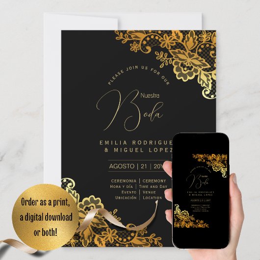 Espanol Invitación Boda Elegant Black Gold Wedding Kaart