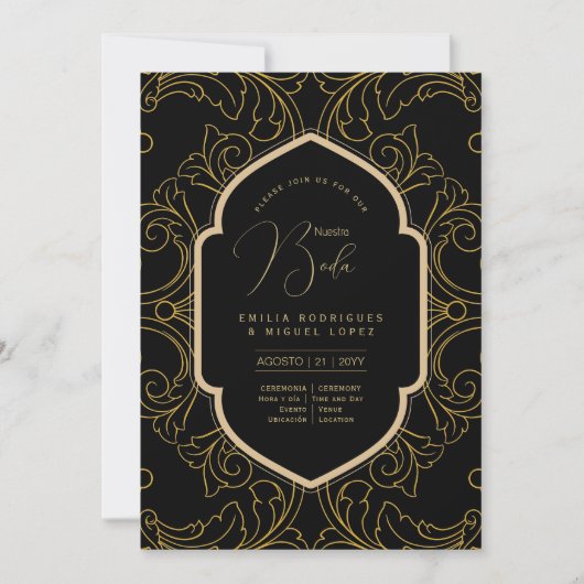 Espanol Invitación Boda Elegant Black Gold Wedding Kaart (Voorkant)