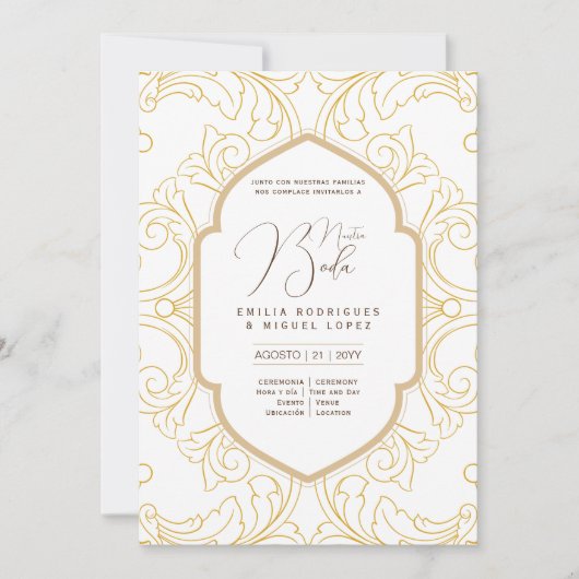 Espanol Invitación Boda Elegant White Gold  Kaart (Voorkant)