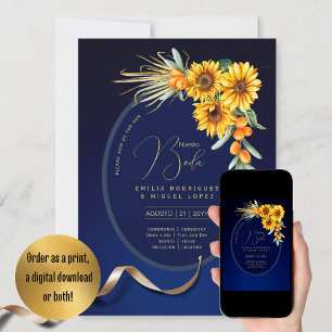 Espanol Invitación Boda Rustic Blue Sunflower Inv Kaart
