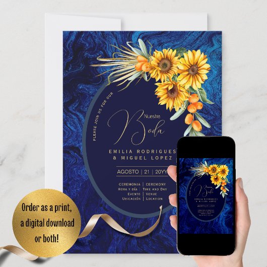 Espanol Invitación Boda Rustic Blue Sunflower Inv Kaart