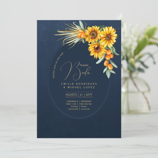 Espanol Invitación Boda Rustic Blue Sunflower Kaart (Staand voorkant)