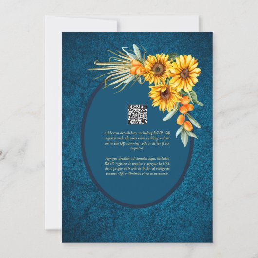 Espanol Invitación Boda Rustic Blue Sunflower Kaart (Achterkant)