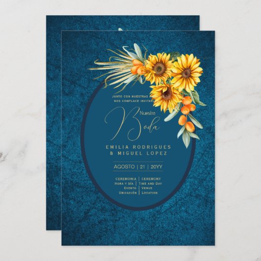 Espanol Invitación Boda Rustic Blue Sunflower Kaart (Voorkant / Achterkant)