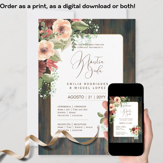 Espanol Invitación de Boda Floral Wedding Rustic I Kaart