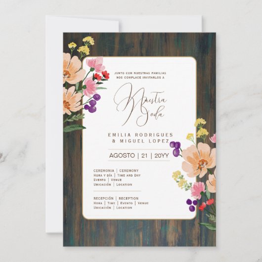 Espanol Invitación de Boda Floral Wedding Rustic I Kaart (Voorkant)