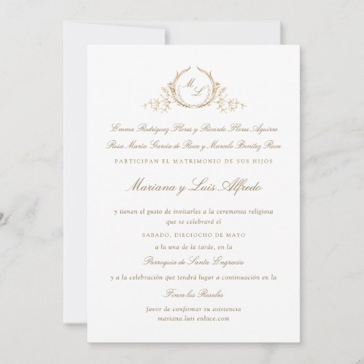 Español, Invitacion de Boda Formal con Monogram Kaart (Voorkant)