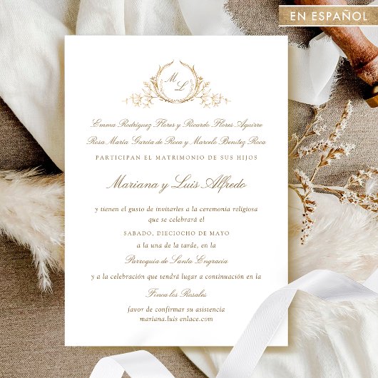 Español, Invitacion de Boda Formal con Monogram Kaart