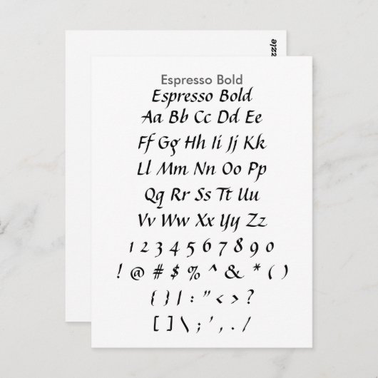 Espresso Bold - Zazzle Font Sampler Sheet Briefkaart (Voorkant / Achterkant)