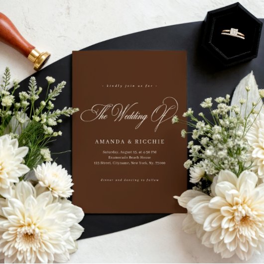 Espresso Brown Elegant Fall Wedding Invitation Kaart
