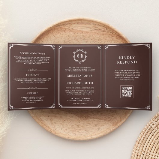 Espresso Bruin en Wit Monogram QR Code Trouwen Drieluik Uitnodiging