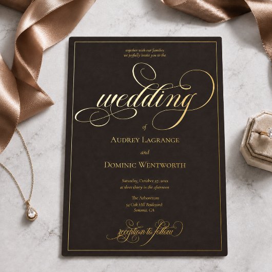 Espresso Bruin Gouden Trouw Script Calligrafie Folie Uitnodiging