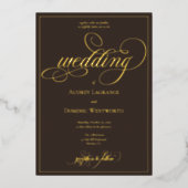 Espresso Bruin Gouden Trouw Script Calligrafie Folie Uitnodiging (Voorkant)