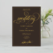 Espresso Bruin Gouden Trouw Script Calligrafie Folie Uitnodiging (Staand Voorkant)