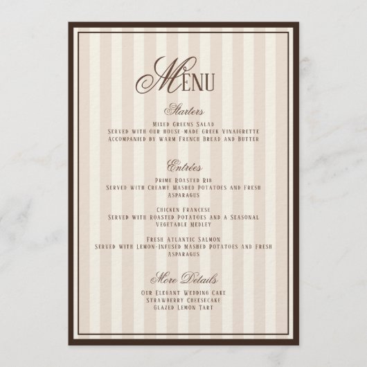 Espresso Cappuccino Striped Wedding Menu  Card Kaart (Voorkant)
