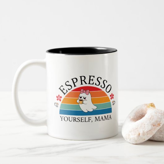 Espresso Jezelf Mama - Retro Rainbow Ghost Tweekleurige Koffiemok (Met donut)