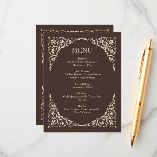 Espresso Luxe Brown and Beige Wedding Menu (Voorkant / Achterkant in situ)