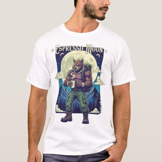 Espresso Maan Weerwolf Koffie Camping Illustratie T-shirt (Voorkant)