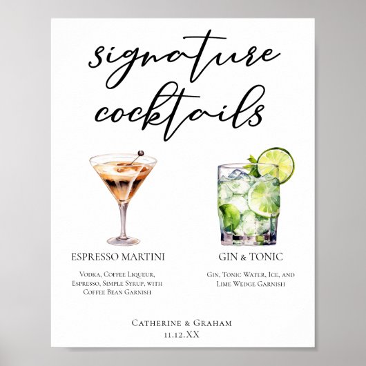 Espresso Martini Gin & Tonic Cocktail Wedding Menu Poster (Voorkant)