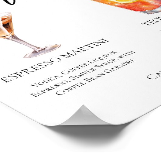 Espresso Martini Tequila Sunrise Cocktails Menu Poster (Hoek)