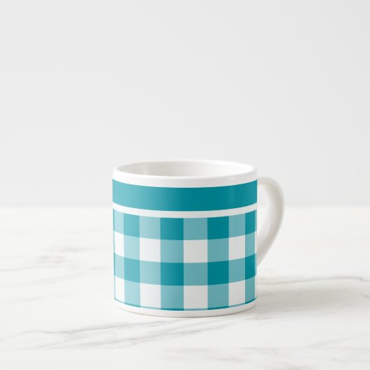Espresso Mok, Blauwgroen en wit Check Gingham Kop (Voorkant rechts)