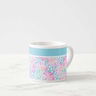 Espresso Mok, roze rozen, witte vlinders Kop