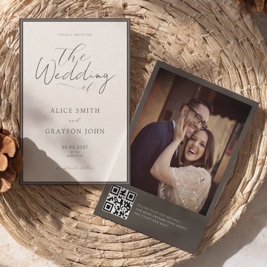 Espresso Photo Back QR Classic Minimalist Wedding Kaart