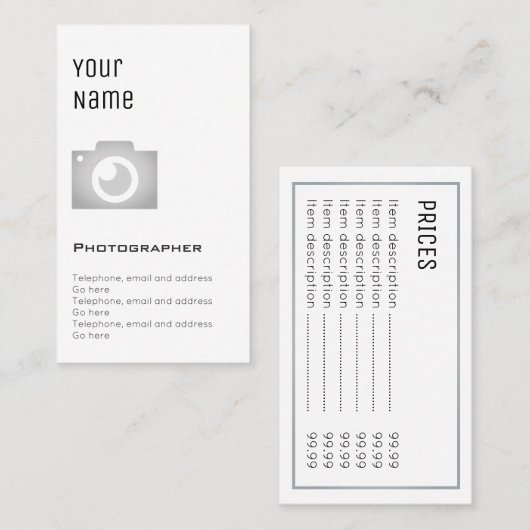 "Essential" fotograaf Prijskaarten Visitekaartje (Voorkant / Achterkant)