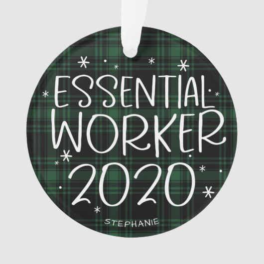 Essential Worker 2020 Covid Christmas Green Plaid Ornament (voorkant)
