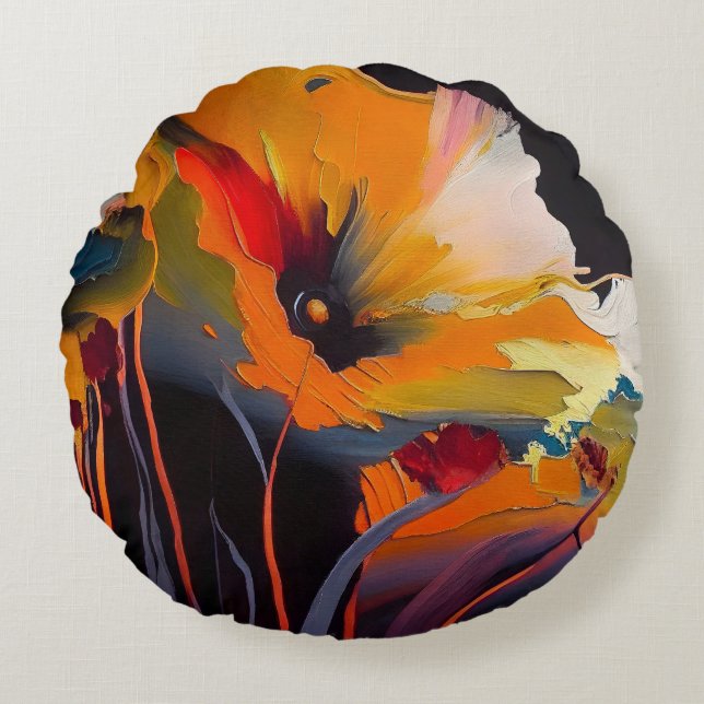 Essentie van de Tuin – Abstracte Bloemexpressie Rond Kussen (Voorkant)