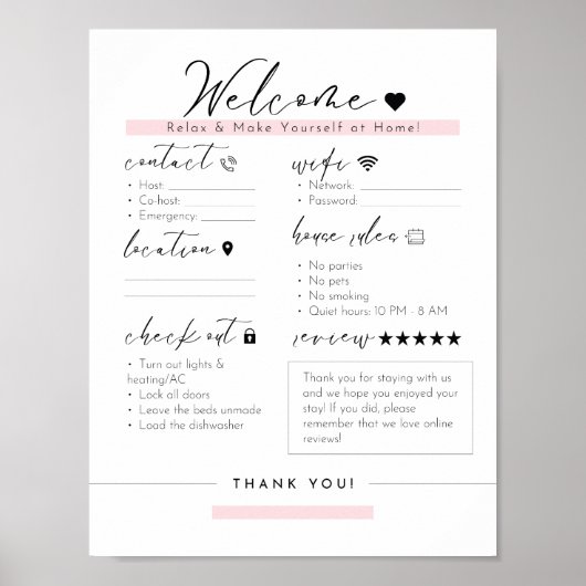 Essentiële Airbnb Info Sign – Modern Black & Blush Poster (Voorkant)