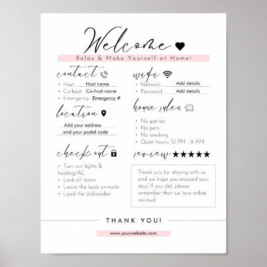 Essentiële Airbnb Info Sign – Modern Black & Blush Poster (Voorkant)