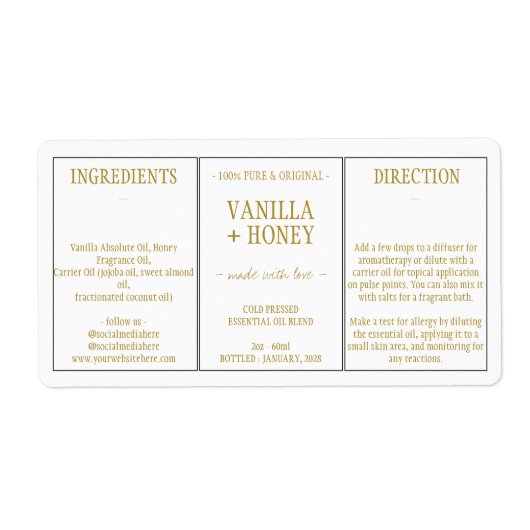 Essentiële olie Cosmetische vanille Honing Ingredi Etiket (Voorkant)
