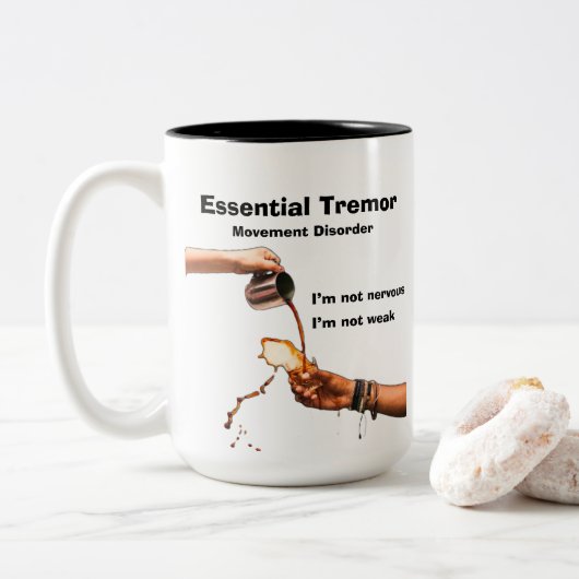 essentiële tremor, tweekleurige koffiemok (Met donut)