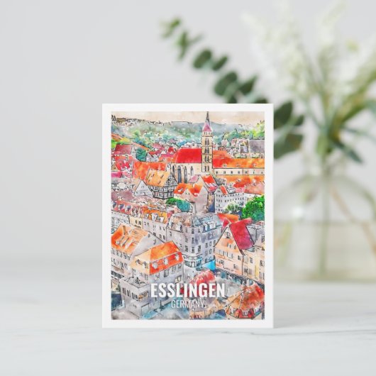 Esslingen Duitsland Beroemde Reisplaats Waterverf Briefkaart (Staand voorkant)