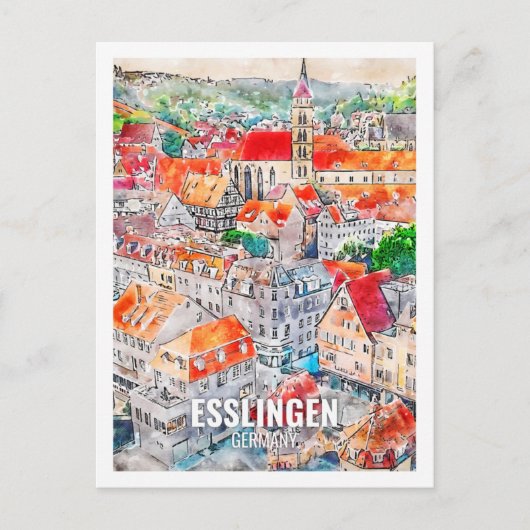 Esslingen Duitsland Beroemde Reisplaats Waterverf Briefkaart (Voorkant)