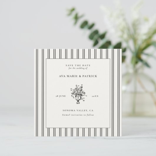 Estate Chic Black Stripe Bloemen Vaas Foto Huwelij Save The Date (Staand voorkant)
