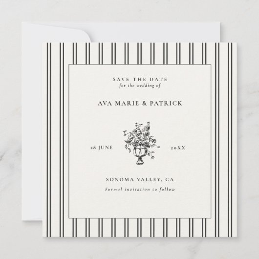 Estate Chic Black Stripe Bloemen Vaas Foto Huwelij Save The Date (Voorkant)