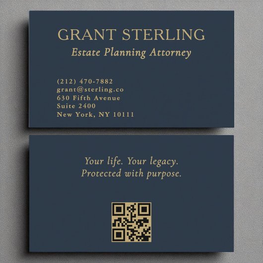 Estate Planning Attorney Navy Blue Gold QR-code Visitekaartje