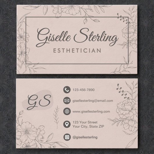Estheetician Blush Floral Line Art Script Visitekaartje