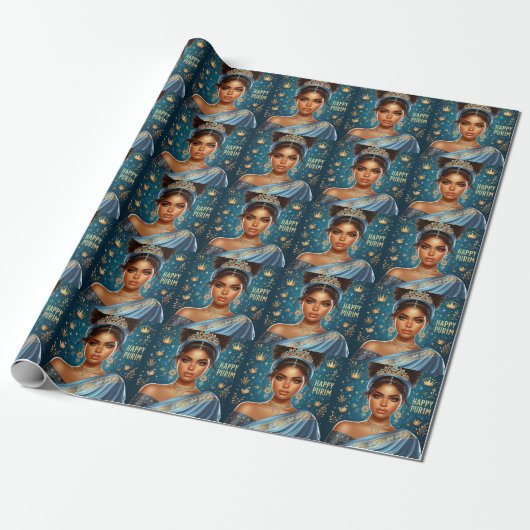 Esther Blue Purim Wrapping Paper Cadeaupapier (Uitgerold)
