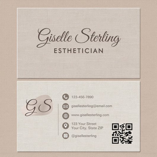 Esthetician Beige Linen Modern Elegant QR Code Visitekaartje