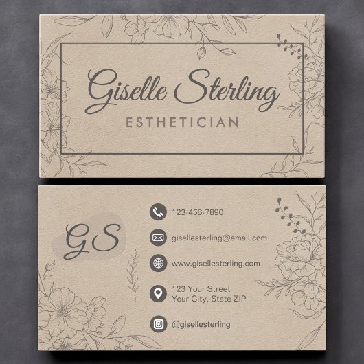 Esthetician Beige Suede Floral Line Art Script Visitekaartje