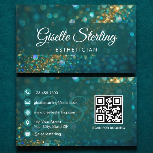 Esthetician Blauwgroen Gouden Glitter QR Code Luxu Visitekaartje
